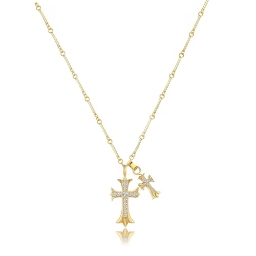 Cross Necklace 14k Gold Plated/Sterling Silver Double Cross Pendant CZ,Cubic Zirconia Cross Necklaces for Women Men Jewelry Birthday Gifts