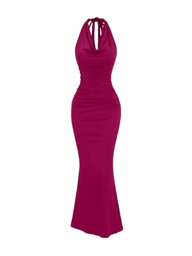 Image of GORGLITTER Women's Halter Formal Cocktail Beach Wedding Guest Maxi Dresses | Cinched Waisted Dress, Cowl Neck Dress, Birthday Club Dresses, Date Night Going Out Dress for Women