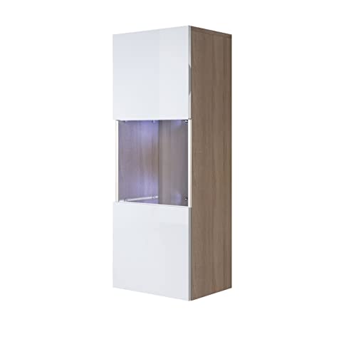 MB Muebles Bonitos | Vitrine Suspendue Mural Luke V3 | Largeur 40 x Hauteur 126 x Profundeur 29 cm | avec LED | Meuble en Mélamine Brilliant (Sonoma Mat) | Modèle Suspendu | Couleur Sonoma et Blanc