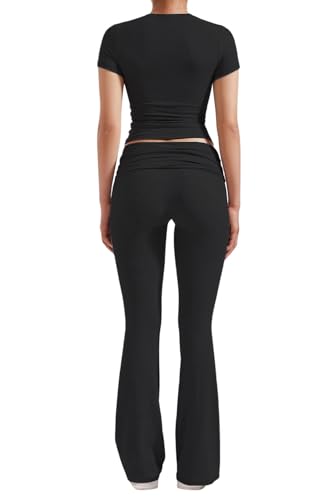 Women's 2 Piece Lounge Outfits Slim Short Sleeve Tops Low Rise Flare Leggings Sets Yoga Sweatsuit2