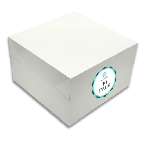 12 Inch Cake Box with Lid – White Cardboard 12x12x6 Boxes for Transporting Cakes – Ideal for Birthdays, Parties, Weddings – Strong Disposable Cake Packaging – 10 Pack by ACACIA