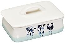 KitchenCraft Apple Farm Butter Dish with Lid, Hand-Finished 'Cora Cow' Ceramic, 14.5 x 9.5 x 10 cm, Cream / Green