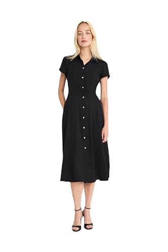 Short Sleeve Button-Front Midi Versatile Knee-Length Flared Skirt-Work Dresses for Women4