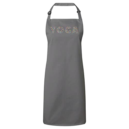 Tablier cuisine premium gris et chic orné d'asanas pour passionnés de yoga