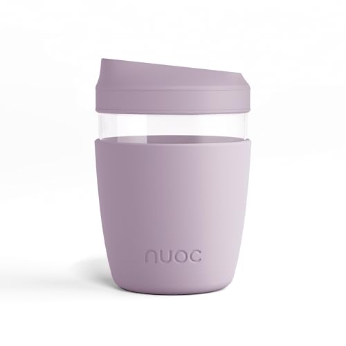 NUOC Taza de café para llevar reutilizable, vaso de cristal para café o té con tapa hermética a prueba de fugas con funda de silicona, taza de viaje - Bebidas Frías y Calientes, sin BPA (Rosa Claro)