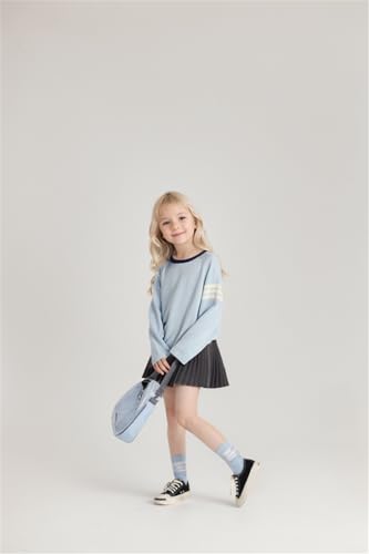 Image of Girls Color Block Pullover Sweater, Spring Fall Oversized Knit Long Sleeve Top with Striped Sleeve, Blue