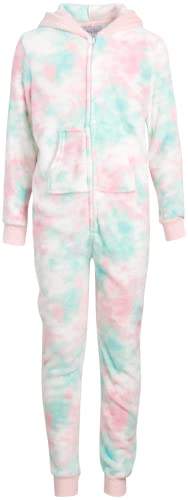 Rene Rofe Girls’ Pajamas – Plush Fleece Sleepwear Onesie With 3D Critter Hood (Size: 7-16), Size 10-12, Pink/Blue Unicorn Tie-Dye #TOP4