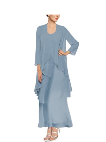 Conjunto de vestidos de madre de la novia de 2 piezas para mujer, traje de gasa, vestido formal para invitada de boda, Dusty Azul, 44