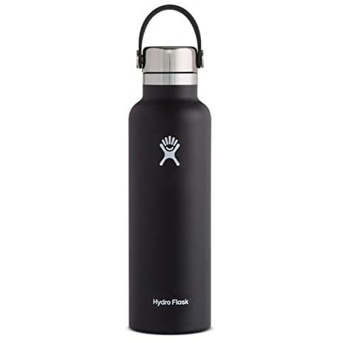 Hydro Flask Water Bottle 621 ml (21 oz), Stainless Steel & Vacuum Insulated, Standard Mouth with Leak Proof Stainless Steel Cap, Black Cover