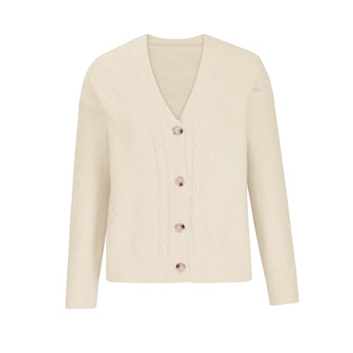 Image of AnnSemo Women's Cotton Cardigans Soft Cosy Button Down V Neck Cardigans for Women UK Long Sleeve Casual Knitted Sweater Ladies Long Sleeve Jumper Plain Outerwear Beige