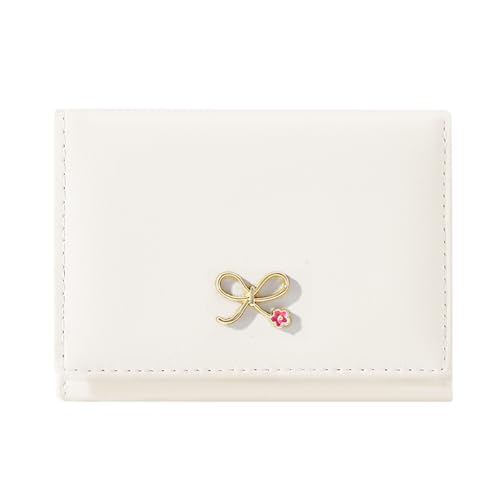 Sunwel Fashion Girls Cute Coquette Bow Wallet with Pink Froral Small Wallet Cash Pocket Card Holder ID Window Purse for Women (CREAM)