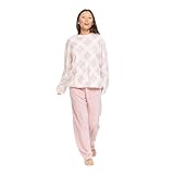 TRAMAS+ Pijama Mujer de Invierno, Pijama de Coralina con Camiseta de Manga Larga y Pantalón Largo Ajustable, Conjunto para Dormir Cómodo y Calentito - L, Cuadro Guima L Rosa