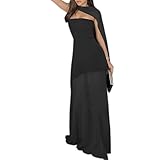 Women Sexy Tube Neck Mesh Patchwork Maxi Dress with Scarf High Slit Backless Party Long Dress Black