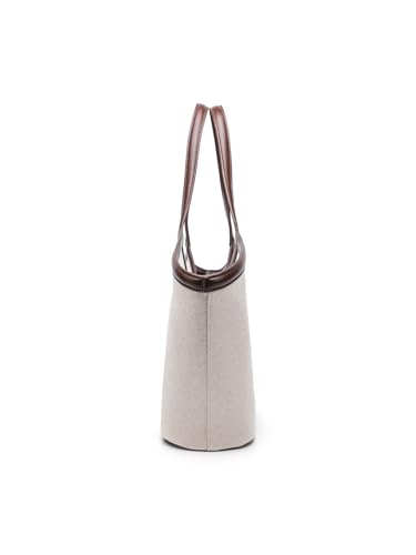 Bolsa tote de lienzo con monedero a juego, ribete de cuero marrón, diseño en V, beige miniatura 3