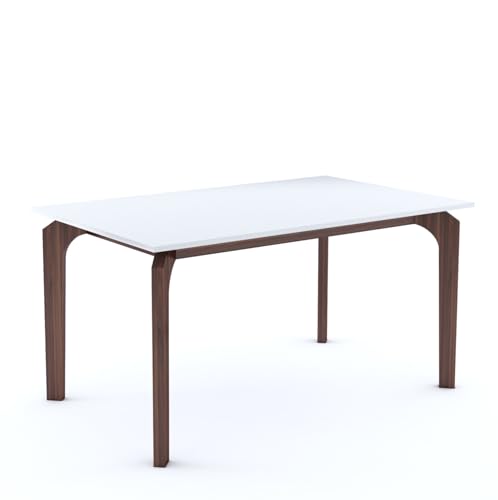 Image of MURALICRAFT Sheesham Wood 57 inch Dining Table 6 Seater | Marble Finish Six Seater Dinning Table Set with 6 Upholstered Dining Chairs | Table Top: Premium HDMR Wood | Chair: Curved Design | White & Walnut