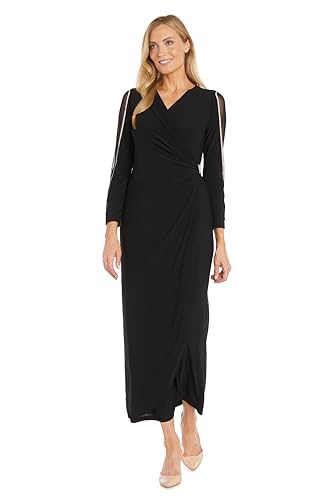 R&M Richards Women's Elegant Wrap Dress W/Draped Waist | Long Rhinestone Embellished Sleeves Evening Maxi Gown Wedding Guest