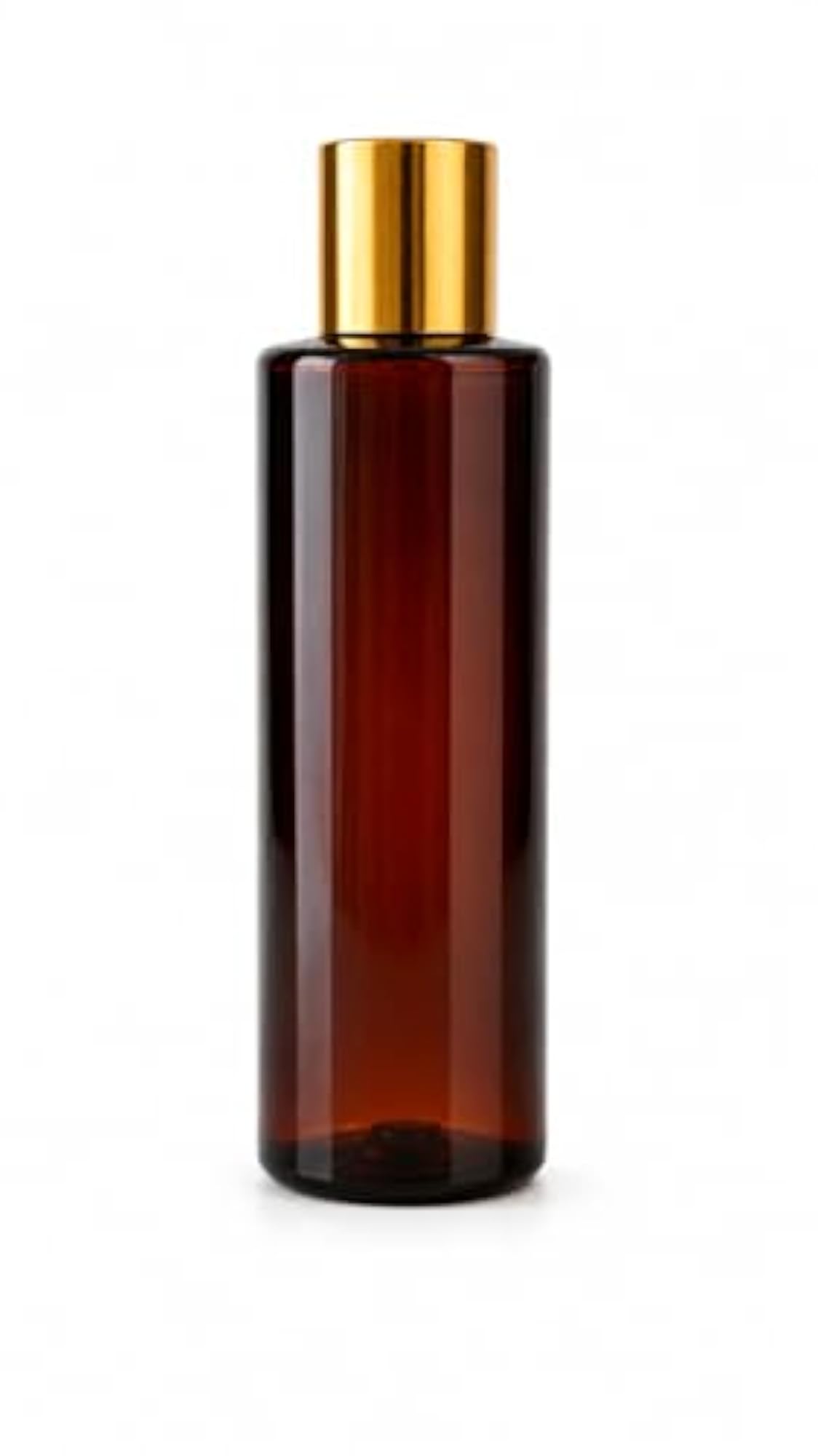 Amber Plastic Cosmetic Bottle with Gold Disc Cap, 14.5 cm x 4 cm