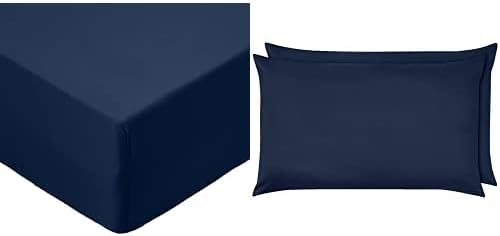 Amazon Basics, Polyester Microfibre, Navy Blue, Double and Pillowcase, Navy Blue, Set of Two