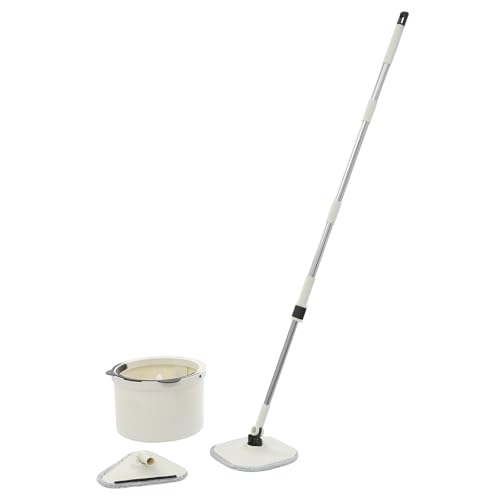 Fregona y cubo, juego de 5 paños de limpieza, 2 tipos de cabezales de mopa, rotación de 360°, separación de agua sucia y fresca, juego de mopa para limpieza de suelos (blanco)