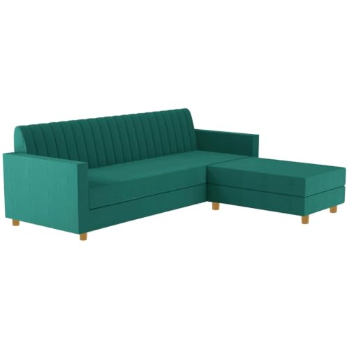 Image of Rosebell 3 + 1 Wooden 4 Seater L Shape Velvet Sofa Set | Convertible Modular Sectional Couch for Living Room | Space-Saving Design for Home & Office Guest Room- Green Color