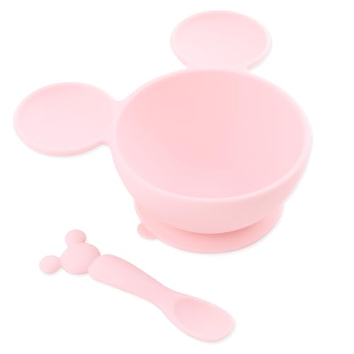 Image of Bumkins Disney Baby Bowl, Silicone Feeding Set with Suction for Baby and Toddler, Includes Spoon and Lid, Essentials for Baby Led Weaning,for Babies 4 Months, Minnie Mouse Light Pink