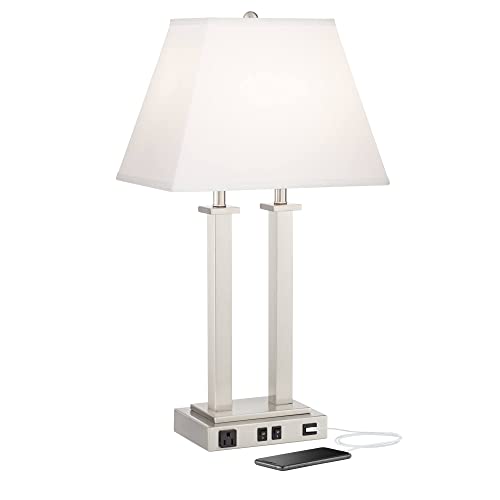 Possini Euro Design Amity Modern Table Lamp 26" High With Usb And Ac Power Outlet In Base Brushed Nickel White Linen Hardback Shade For Bedroom Living Room House Home Desk Bedside Nightstand Office #TOP1