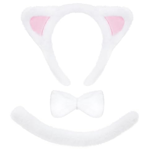 Xcgbxzd White Cat Costume Set Including Cat Ears and Tail Bowtie for Halloween Dress Up