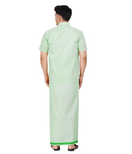 Image of Men's Traditional Indian Shirt and Dhoti Set, Half Sleeves Tissue Silk Cotton Shirt With Dhoti 2 metres for men