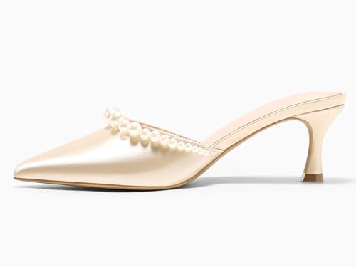 Image of Coutgo Womens Pearl Kitten Heels Closed Pointed Toe Wedding Bride Dress Shoes Ankle Strap Satin Pumps