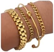 Giovanchi 4PCS Gold Bracelets for Women Non Tarnish Chunky 14K Gold Plated Bracelet Stack Bangle Bracelets With Cuban Paperclip Snake Rope Chain Jewelry Gifts for Women C
