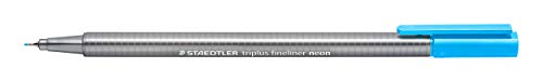 STAEDTLER penne azzurro fluo Triplus fineliner, punta fine rinforzata in metallo 0.3 mm, fusto triangolare ergonomico, confezione da 10 fineliner, 334-301