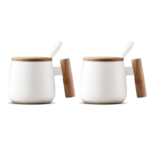 BALTHŌ - Juego de Tazas grandes Té y Café (2 Unid). Cerámica, tapa y asa de madera, estilo nórdico (Blanca). (350ml). Cuchara Café Espresso, Latte, Macchiato.