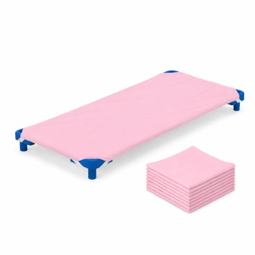 Image of Pack of 12 Daycare Cot Sheets Polyblend Fabric with Corner Elastic Sheet Size 22 x 40 Inches Fits Cot Size up to 23 x 41 Inches Toddler and Preschool Cot Bed Pink