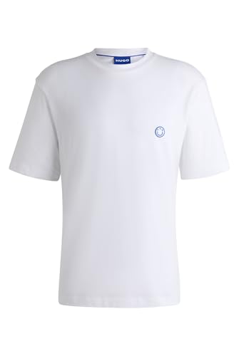 HUGO Mens Niley Cotton-Jersey T-Shirt with Happy Logo White