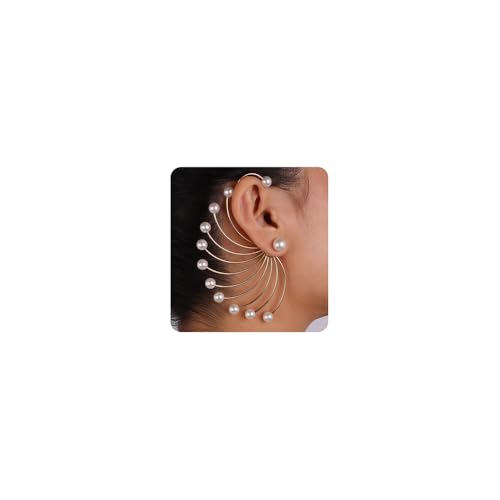 Jumwrit Big Pearl Ear Jacket Front Back Earrings - Peacock Shape Golden Chain Pearl Stud for Women
