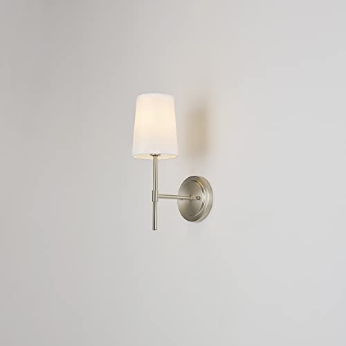 Globe Electric 51858 Clarissa 1-Light Wall Sconce, Brushed Nickel, White Fabric Shade #TOP2