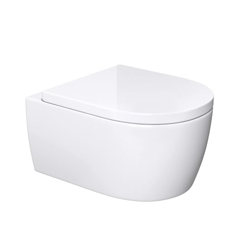 Mai & Mai Inodoro Suspendido – Cerámica Blanca, Sin Reborde, Tapa con Cierre Suave, Montaje Mural, Diseño Moderno y Fácil de Limpiar, 35,5x48x25 cm, Aachen106