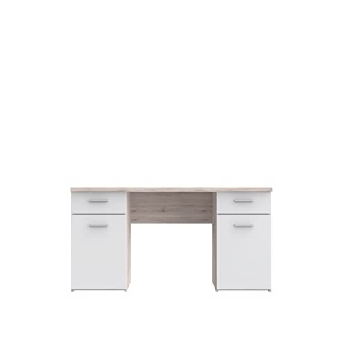 FORTE Net 106 Schreibtisch mit 2 Türen und 2 Schubladen, Holzwerkstoff, Sandeiche Dekor kombiniert mit Weiß , B x H x T: 145 x 76,3 x 60 cm