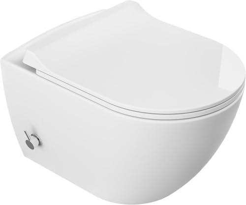 Inodoro colgante de pared sin bordes con función bidé integrada y grifo mezclador de frío/calor, asiento de plástico delgado de cierre suave, cerámica fácil de limpiar, blanco