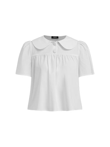 CIDER Peter Pan Collar Boxy Shirt Blouse for Women Going Out Tops Short Sleeve Shirt Solid Casual Summer Tops White