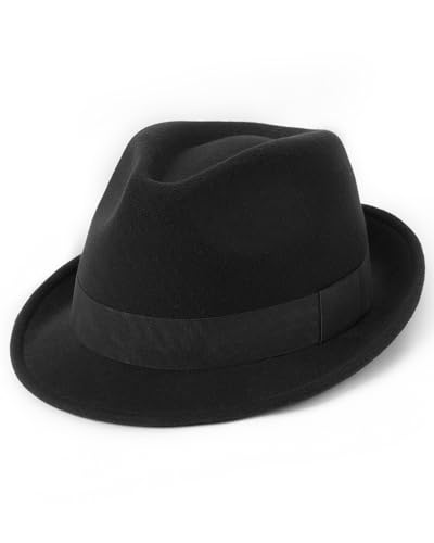 FURTALK Fedora Hats for Men Women Short Brim Felt Trilby Hat with Ribbon Adjustable Size 7-7 3/8, Black
