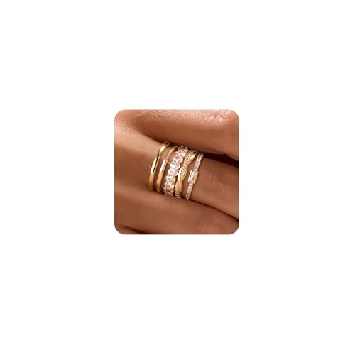 Gold Stackable Rings for Women Non Tarnish,14K Gold Plated Minimalist Waterproof Thin Wedding Silver Stacking Band Ring Dainty Trendy Statement Rings Set Size 5-10