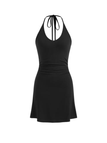 CIDER Damen Neckholder-Kleid, ärmellos, Raffhalter, rückenfrei, Ausgehen, A-Linie, lässiges Club-Kleid, Schwarz, X-Groß