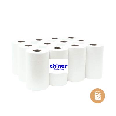 Chiner Pack 12 Rollos Secamanos Mini-Mecha 2 Capas | 100% celulosa, Blanco natural, 20 cm de ancho, 75 m por rollo, Para dispensadores industriales