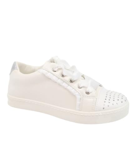 SIRRI Girls White Ruffle Sneakers with Rhinestones – Perfect Footwear for Daily Wear