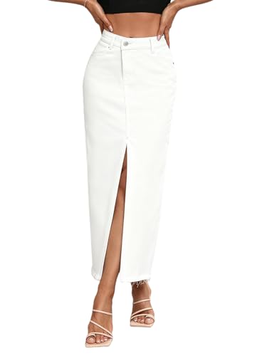 Women's High Waist Stretch Maxi Denim Skirt Front Split Frayed Raw Hem A line Casual Long Jean Skirt