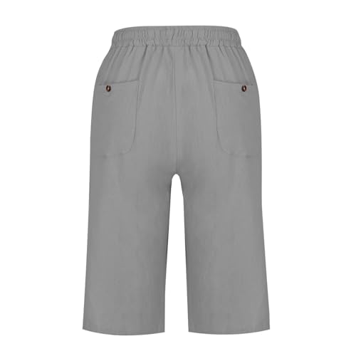 Capri Pants Women Knee Length Summer Beach Linen Bermuda Shorts Drawstring Elastic Waisted Casual Shorts with Pockets4