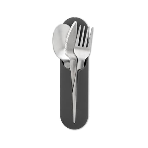 W&P Porter Stainless Steel Utensils with Silicone Carrying Case | Charcoal | Spoon, Fork & Knife for Meals on the Go | Portable and Compact Set