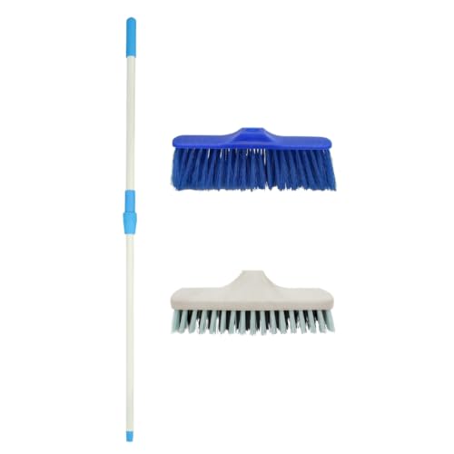 Image of KWEL 2-in-1 Floor Cleaning Brush Combo with 4 fit Telescopic Stick | Interchangeable Soft & Hard Brush Heads | Multipurpose Cleaning Brush for Home, Bathroom, Kitchen & Outdoor