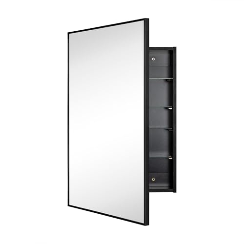 Image of TEHOME 20'' x 30'' Black Recessed and Surface Mount Bathroom Medicine Cabinet with Mirror Matt Black Square Cornered Metal Framed Rounded Rectangle Medicine Cabinet Mirror